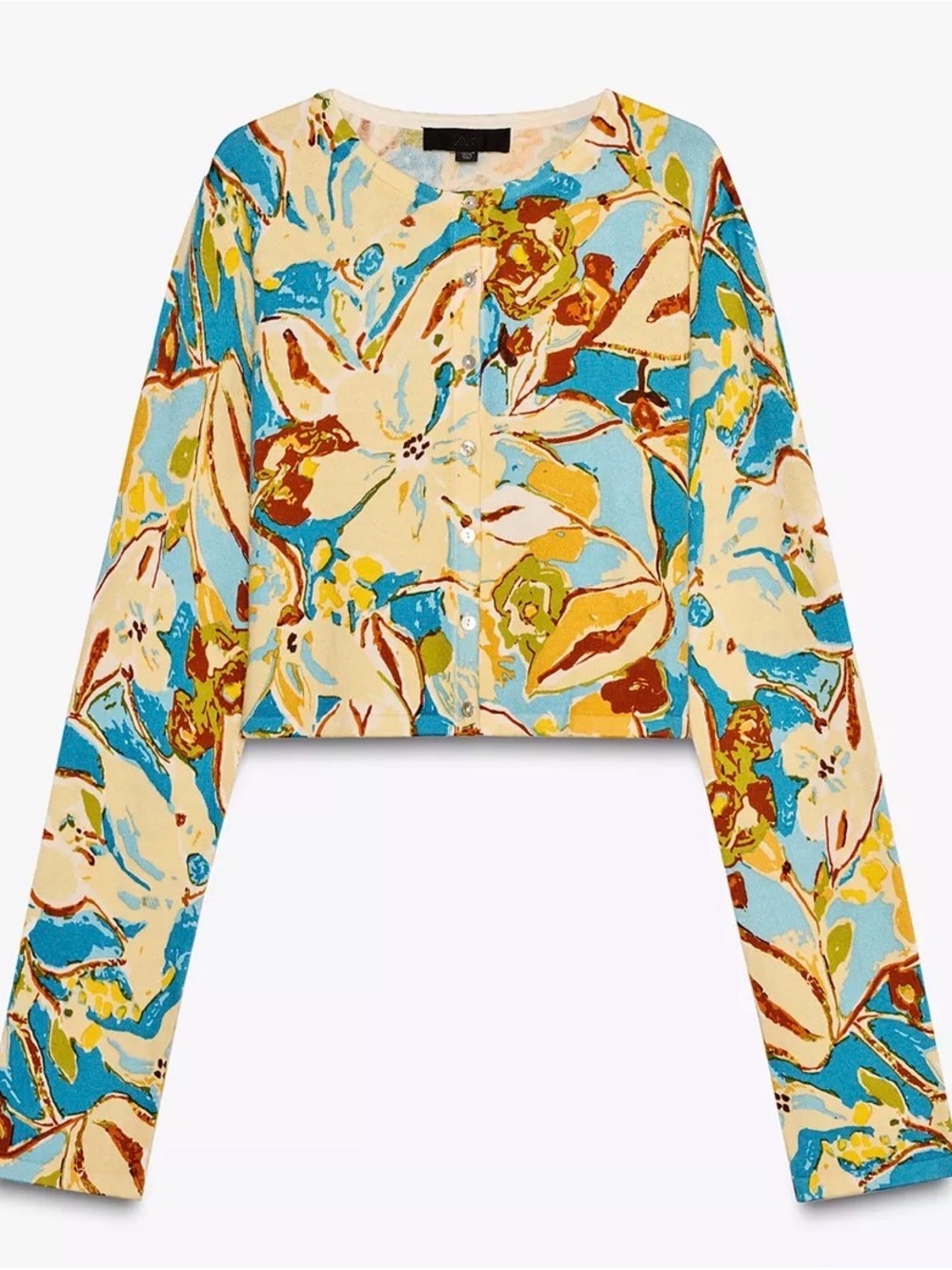 Floral Print Button-Front Crop Cardigan in Cream & Turquoise